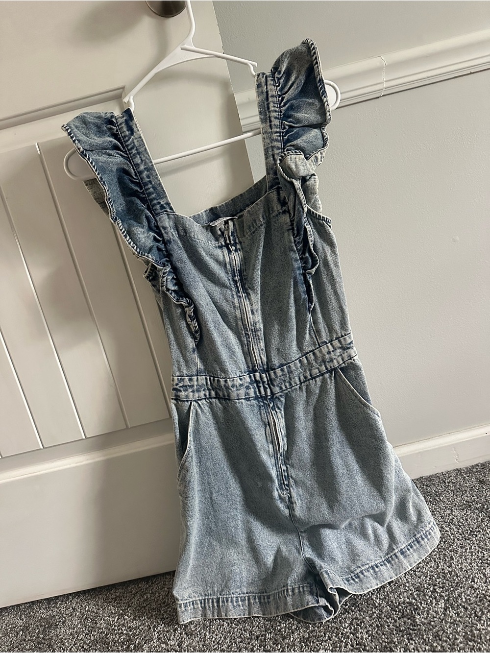 Denim Ruffle-One-Piece Romper - Light Blue